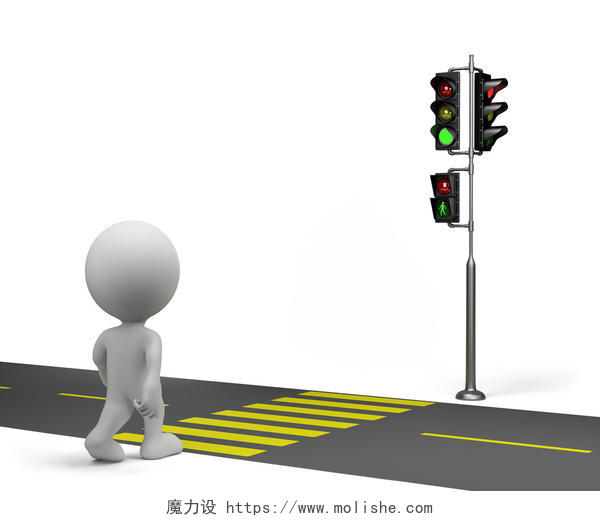3d人正在模仿人类走在斑马线过马路等红绿灯